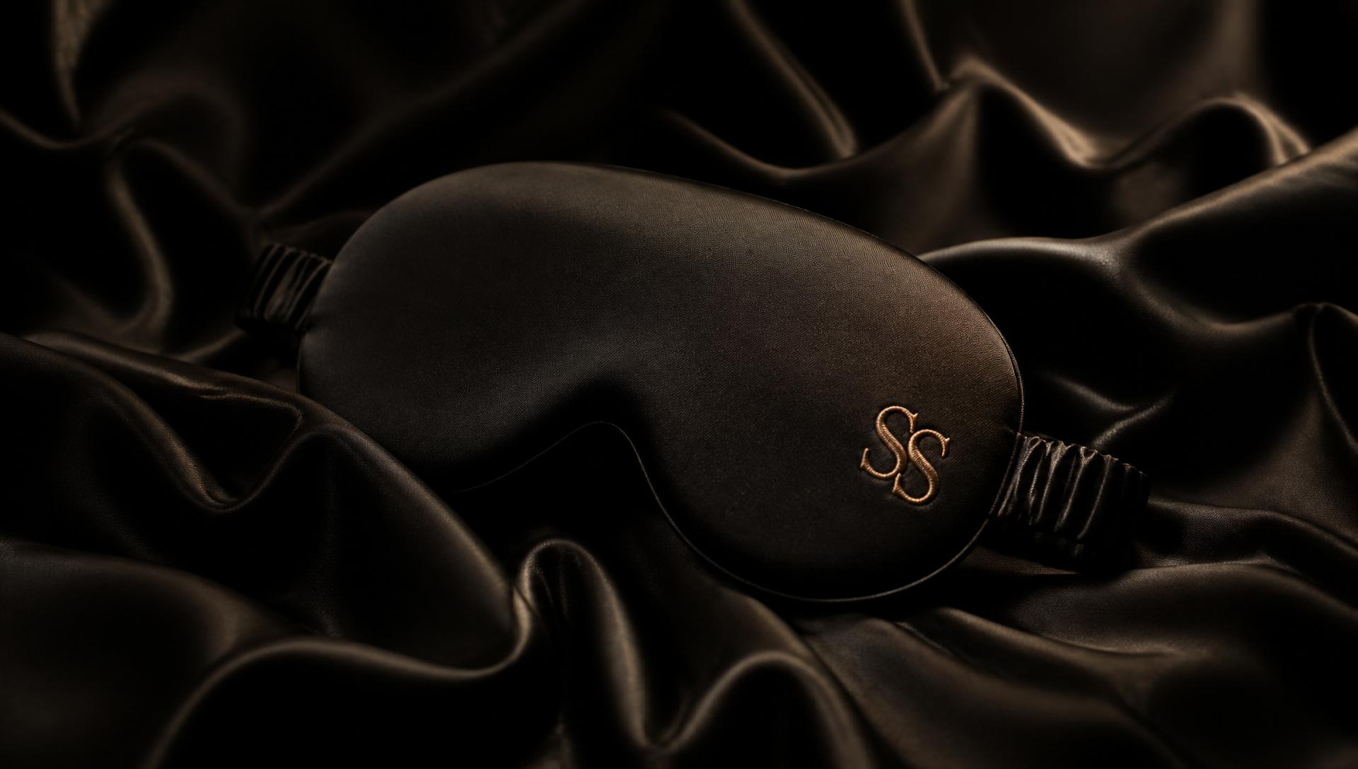 SILENSILK black Mulberry silk sleep mask resting on a dark silk pillow