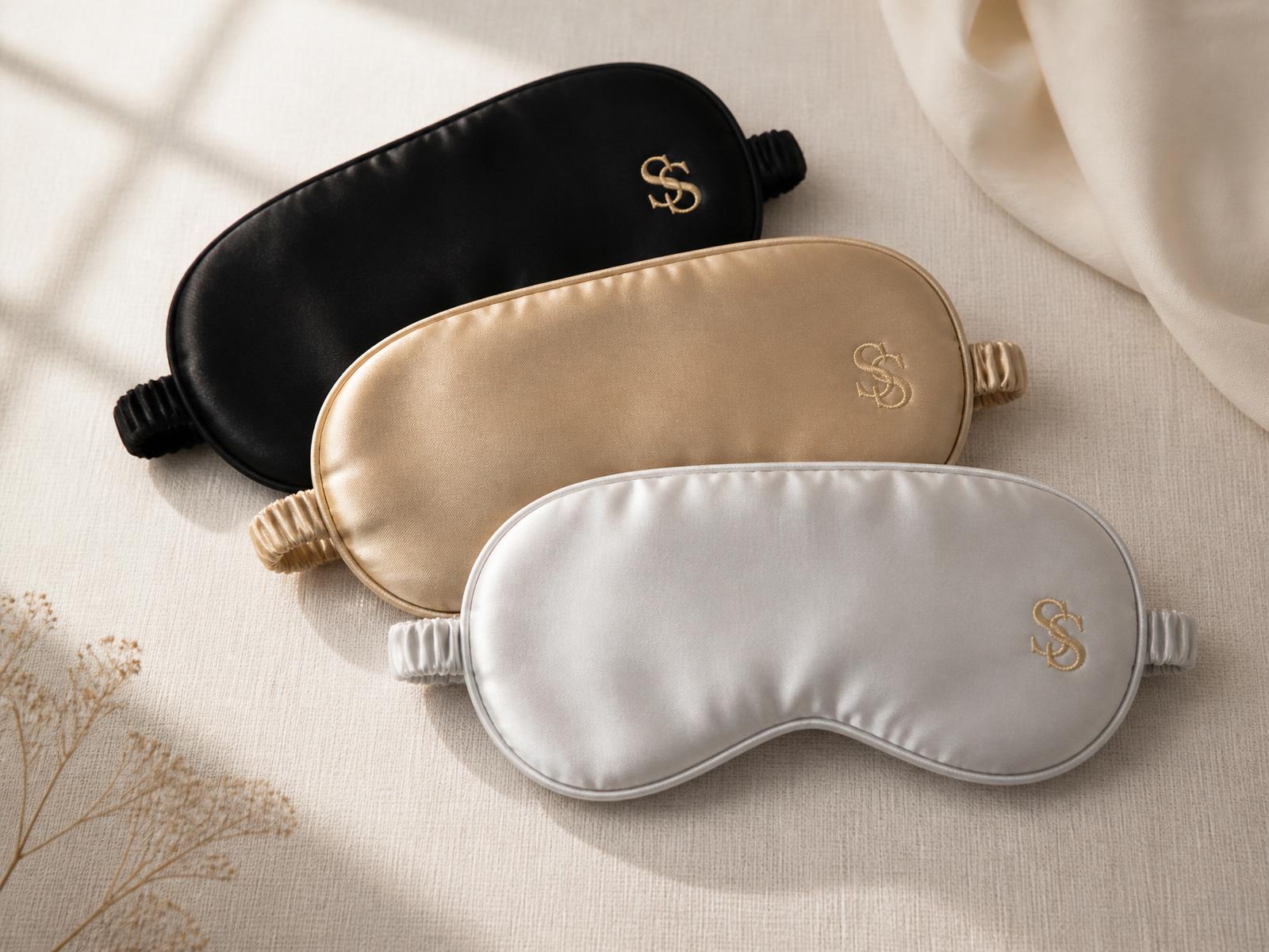 Three Mulberry silk sleep masks in black, champagne gold and pearl silver