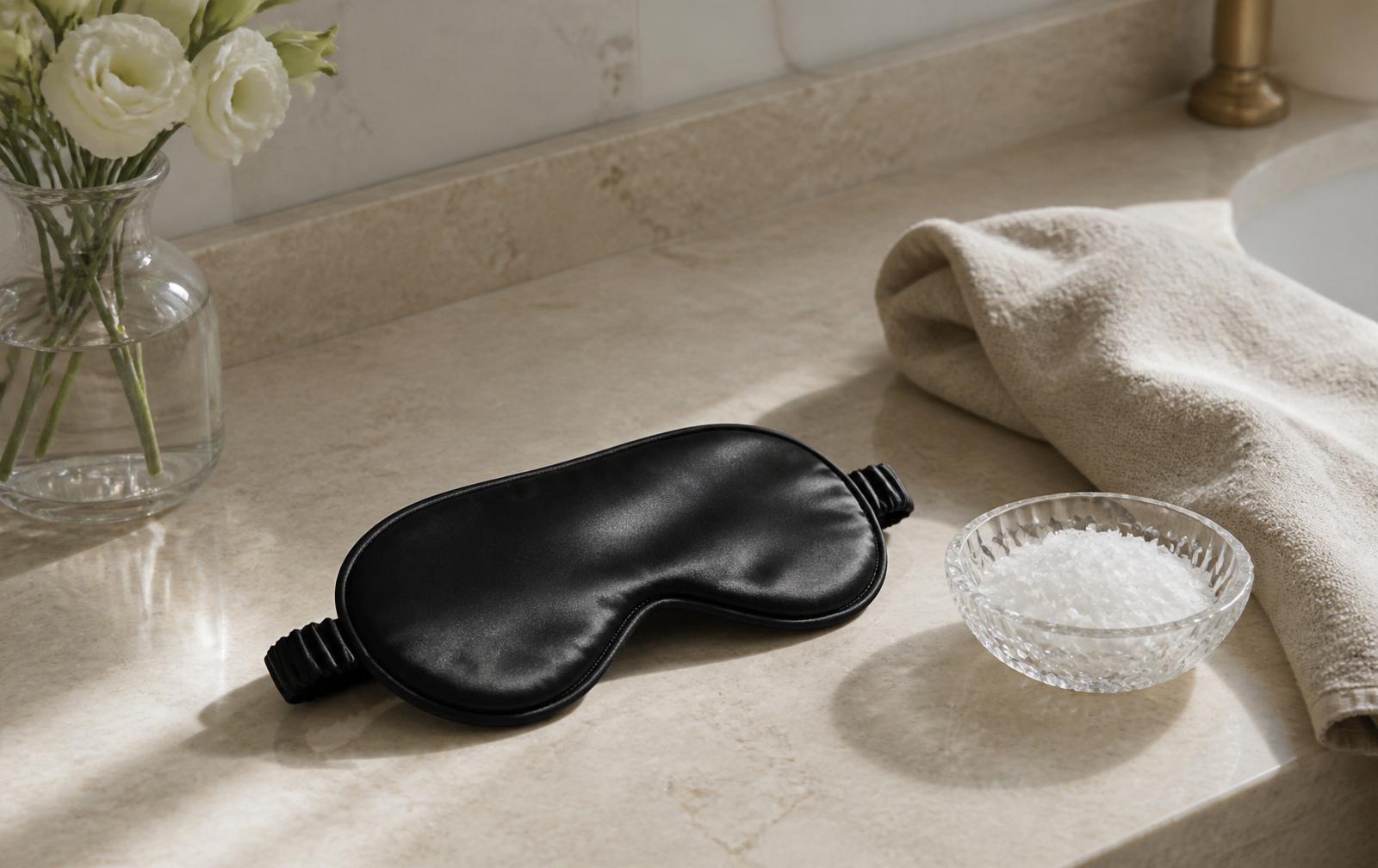 Black silk sleep mask on a cream marble bathroom counter next to a small bowl of silk-safe detergent.